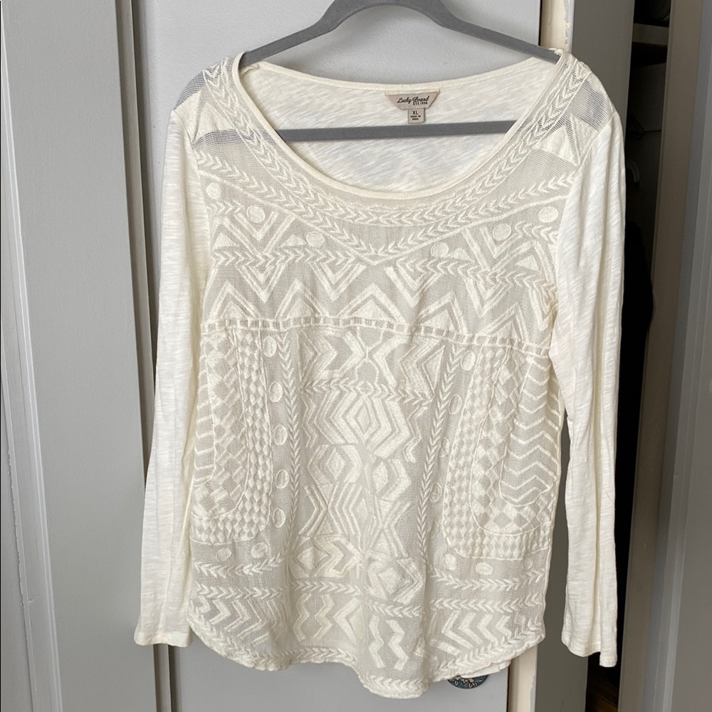 Lucky Brand cream Embroidered Long Sleeve Cotton Top